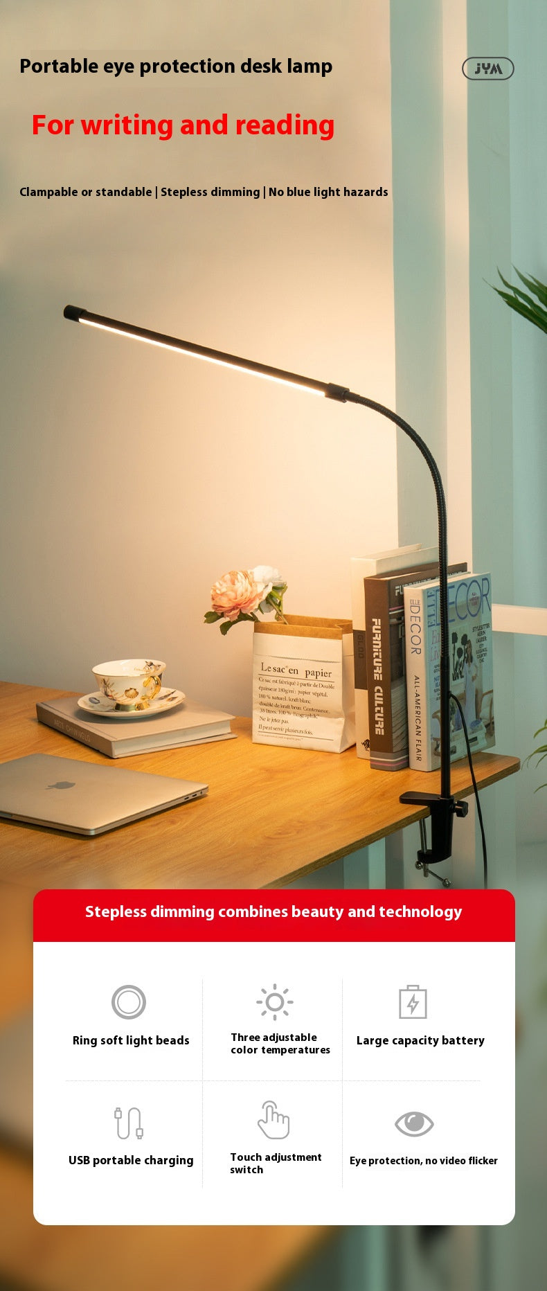 Long Arm Reading Table Lamp with Clamp – USB Powered, Eye-Friendly Design