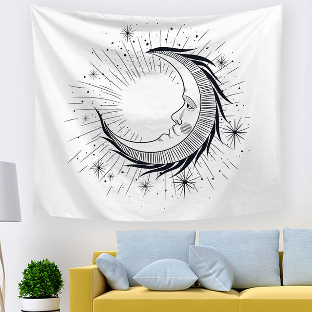 Black & White Sun and Moon Psychedelic Tapestry – Geometric Abstraction Wall Hanging