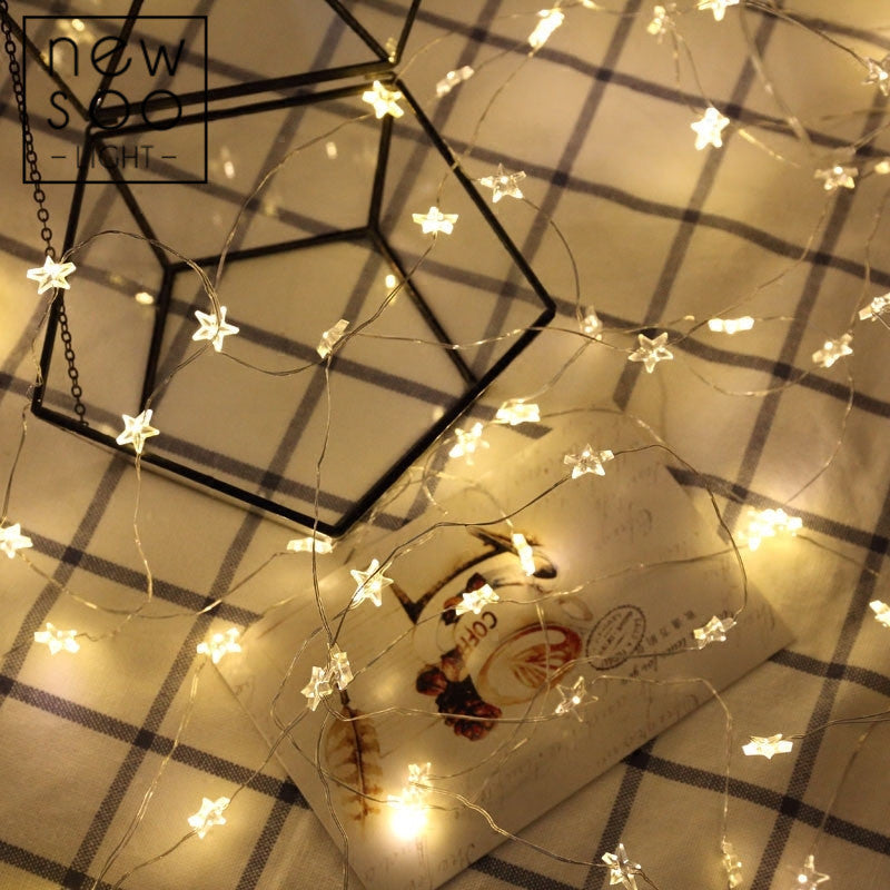 Newsoo Copper Wire Star & Snowflake LED String Lights – Warm White, Battery Powered