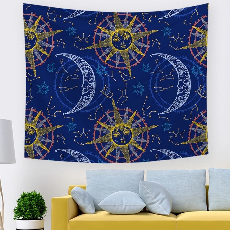 Black & White Sun and Moon Psychedelic Tapestry – Geometric Abstraction Wall Hanging