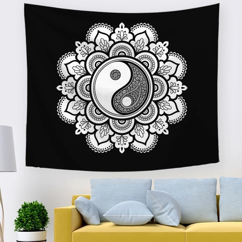 Black & White Sun and Moon Psychedelic Tapestry – Geometric Abstraction Wall Hanging