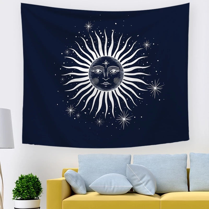 Black & White Sun and Moon Psychedelic Tapestry – Geometric Abstraction Wall Hanging
