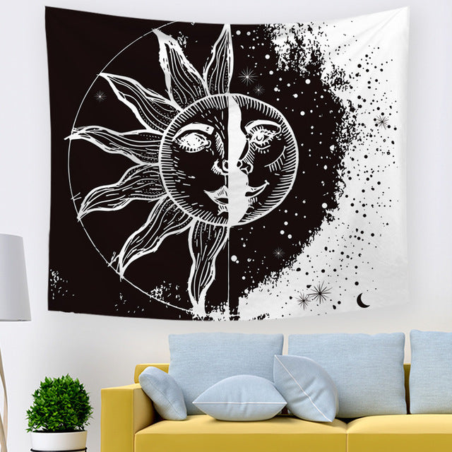 Black & White Sun and Moon Psychedelic Tapestry – Geometric Abstraction Wall Hanging