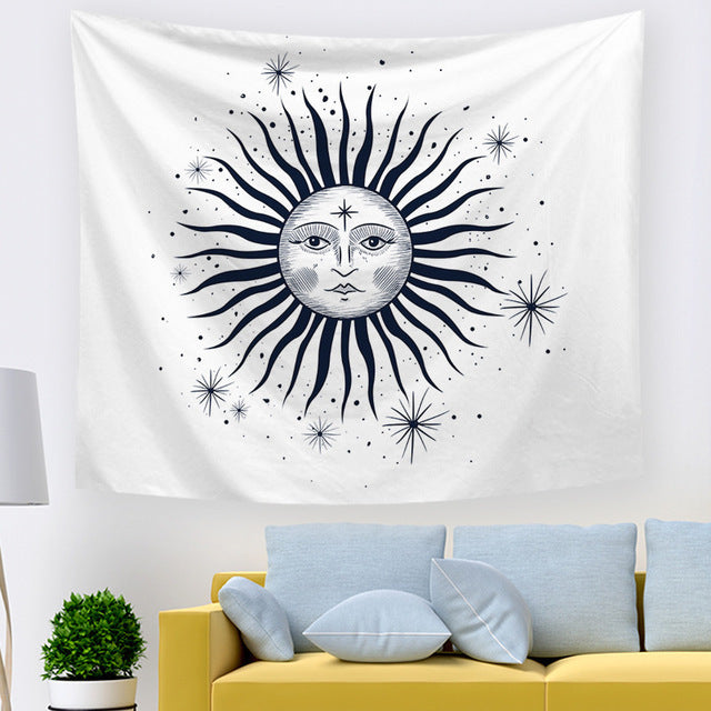 Black & White Sun and Moon Psychedelic Tapestry – Geometric Abstraction Wall Hanging