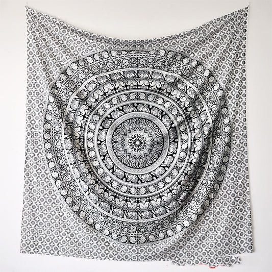 Black Mandala Tapestry – Retro Ethnic Polyester-Spandex Blend