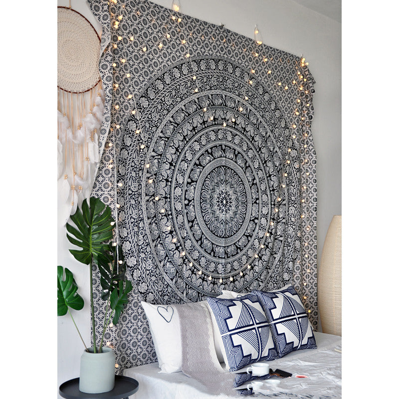Black Mandala Tapestry – Retro Ethnic Polyester-Spandex Blend