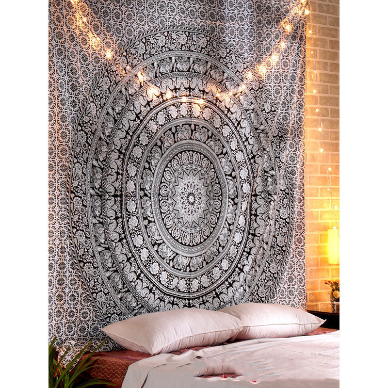Black Mandala Tapestry – Retro Ethnic Polyester-Spandex Blend