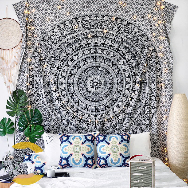 Black Mandala Tapestry – Retro Ethnic Polyester-Spandex Blend