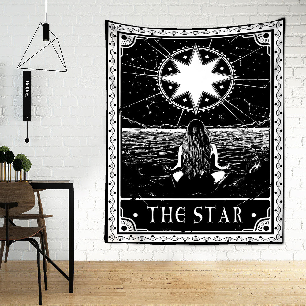 Black Tarot Cards Tapestry Wall Hanging – Moon, Star & Medieval European Divination Art