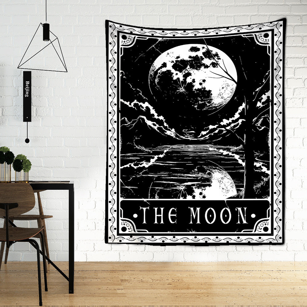 Black Tarot Cards Tapestry Wall Hanging – Moon, Star & Medieval European Divination Art