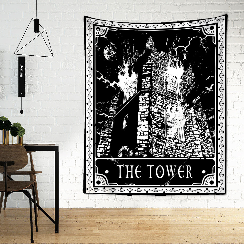 Black Tarot Cards Tapestry Wall Hanging – Moon, Star & Medieval European Divination Art