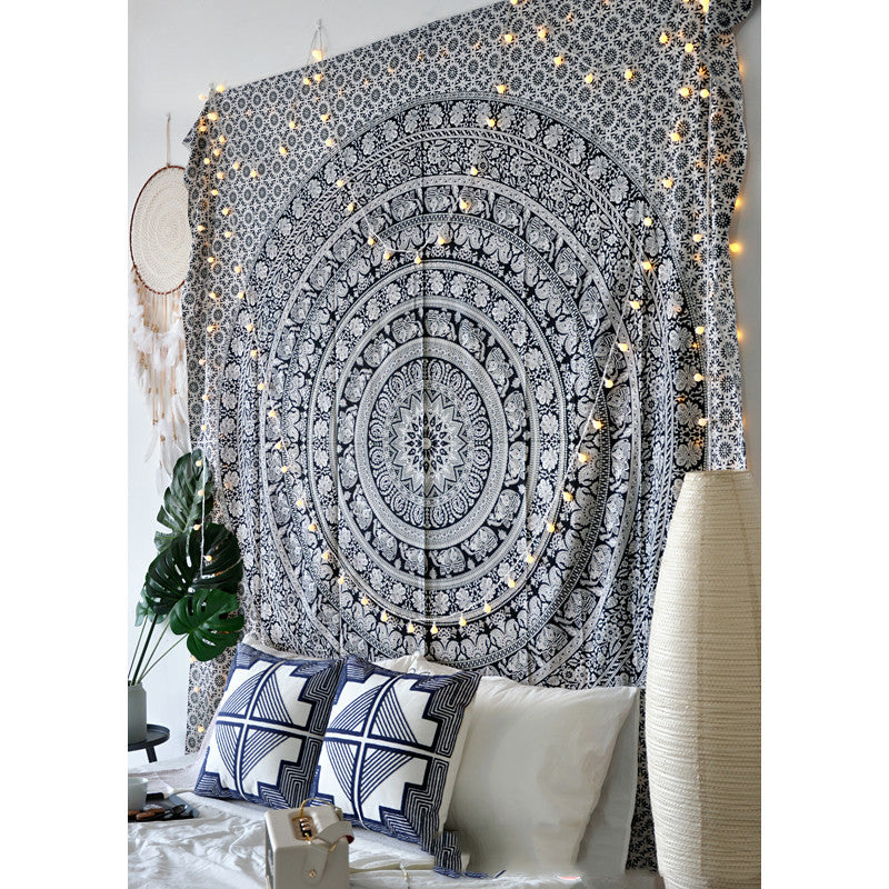 Black Mandala Tapestry – Retro Ethnic Polyester-Spandex Blend
