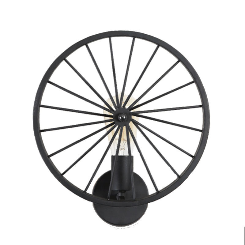American Retro Industrial Wall Lamp – Wrought Iron Wheel Design, Black Finish