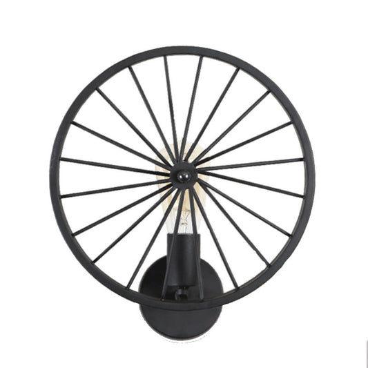 American Retro Industrial Wall Lamp – Wrought Iron Wheel Design, Black Finish