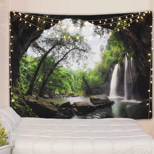 Beautiful Cave Waterfall Print Wall Tapestry – Boho Hippie Home Decor