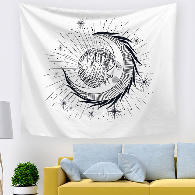 Black & White Sun and Moon Psychedelic Tapestry – Geometric Abstraction Wall Hanging