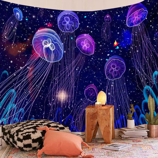 Sky Purple Jellyfish Tapestry – Fluorescent Ocean-Inspired Wall Hanging for Home Decor