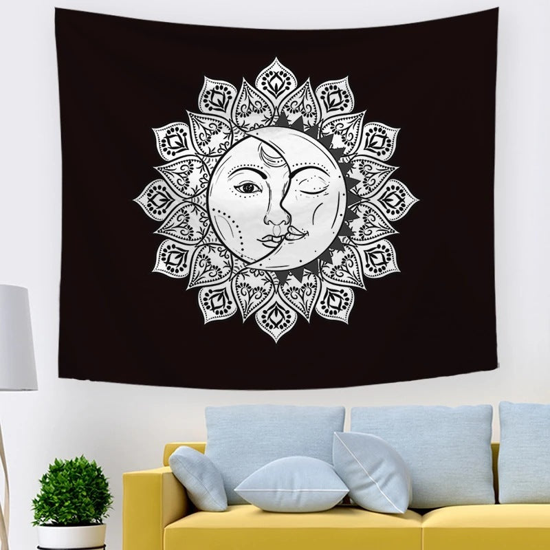 Black & White Sun and Moon Psychedelic Tapestry – Geometric Abstraction Wall Hanging