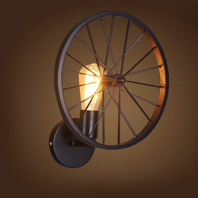 American Retro Industrial Wall Lamp – Wrought Iron Wheel Design, Black Finish