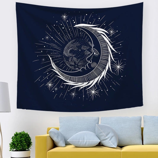 Black & White Sun and Moon Psychedelic Tapestry – Geometric Abstraction Wall Hanging