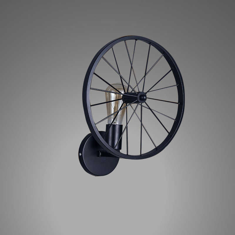 American Retro Industrial Wall Lamp – Wrought Iron Wheel Design, Black Finish