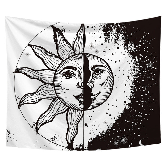 Black & White Sun and Moon Psychedelic Tapestry – Geometric Abstraction Wall Hanging