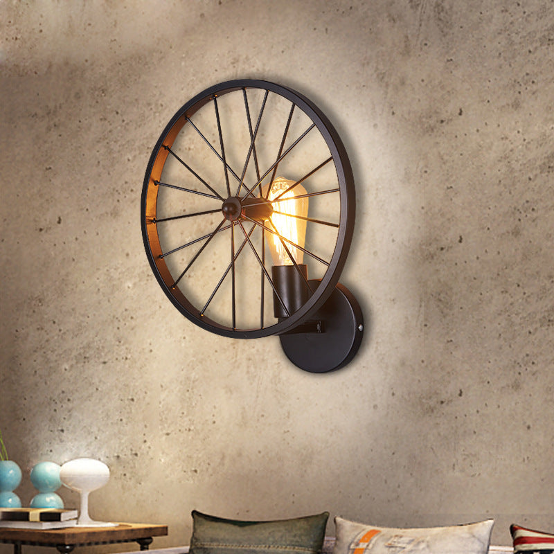 American Retro Industrial Wall Lamp – Wrought Iron Wheel Design, Black Finish