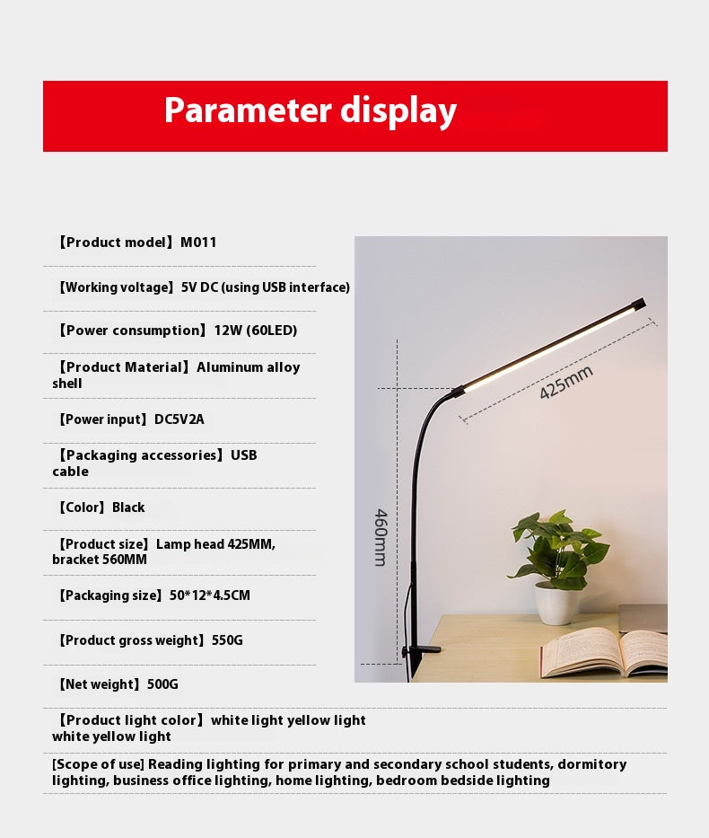 Long Arm Reading Table Lamp with Clamp – USB Powered, Eye-Friendly Design