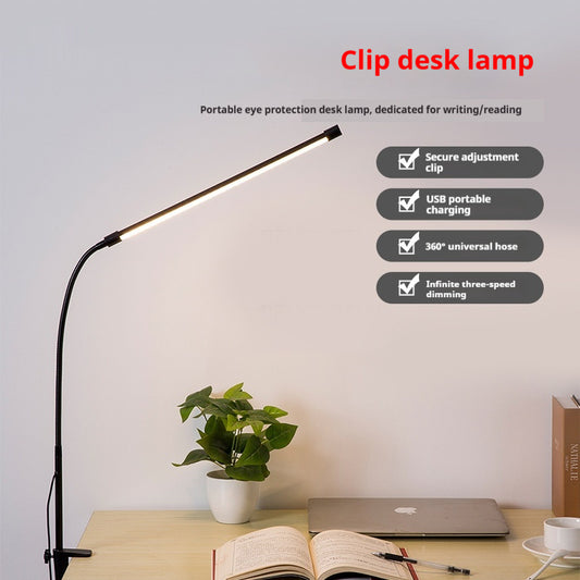 Long Arm Reading Table Lamp with Clamp – USB Powered, Eye-Friendly Design