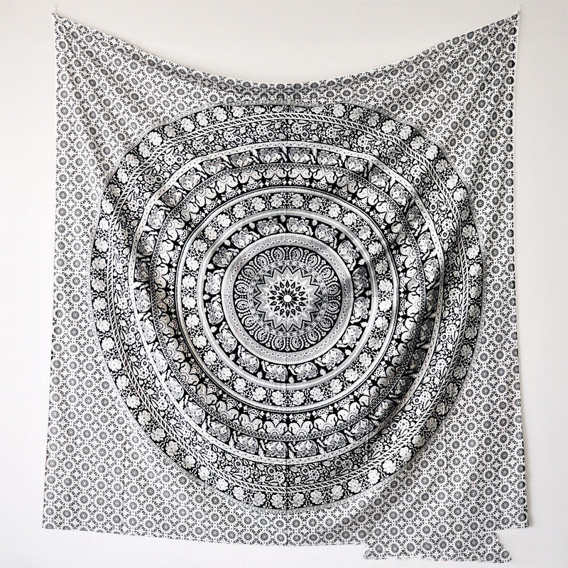 Black Mandala Tapestry – Retro Ethnic Polyester-Spandex Blend