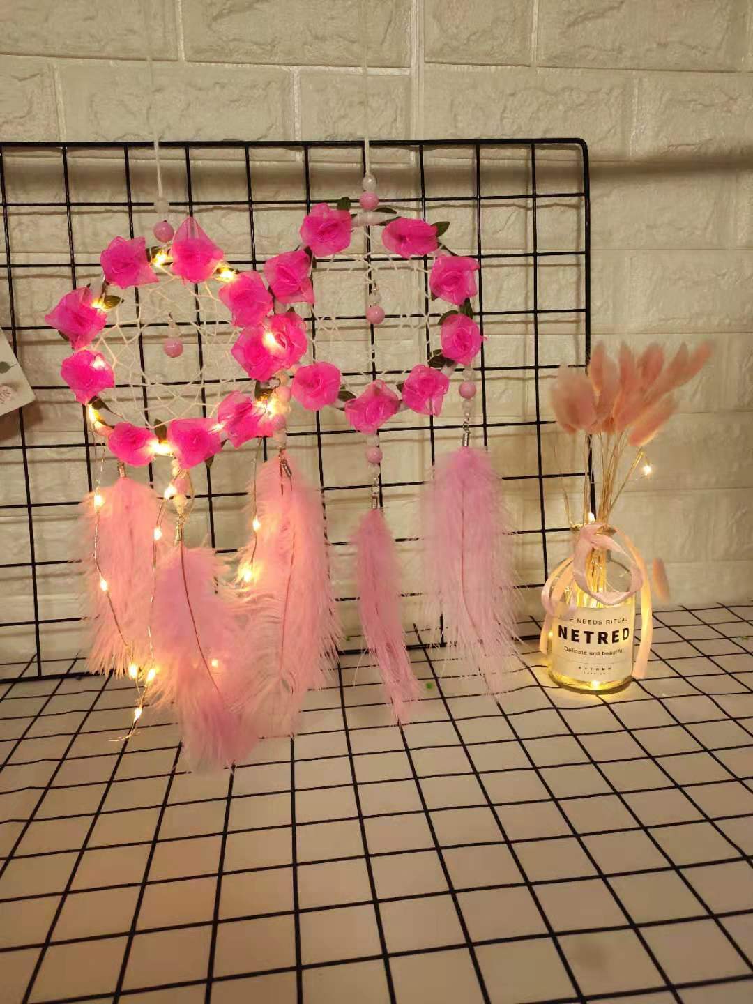 Dreamcatcher Wind Chimes – Pink Ostrich Feather Room Decor