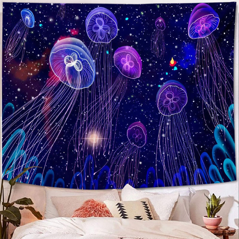 Sky Purple Jellyfish Tapestry – Fluorescent Ocean-Inspired Wall Hanging for Home Decor