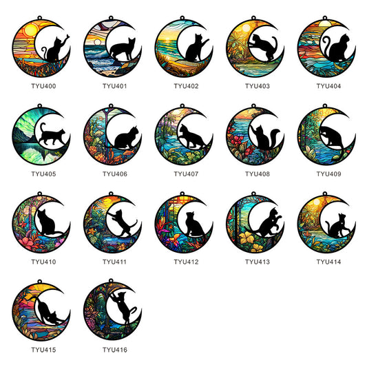 Stained Glass Style Cat & Moon Hanging Pendant – Colorful Plastic Sun Catcher Home Décor