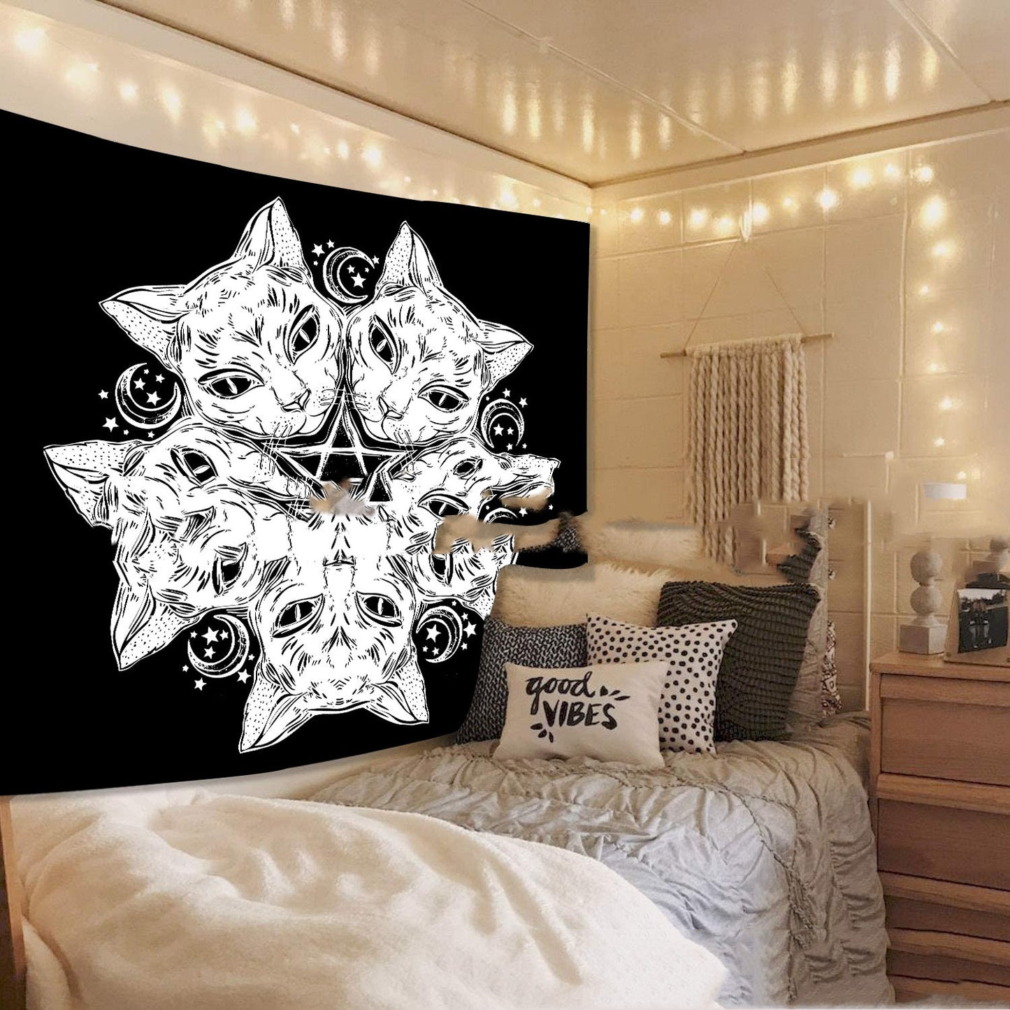 Magic Tapestry – Mystical Hippie Cat & Star Wall Hanging for Home Decor